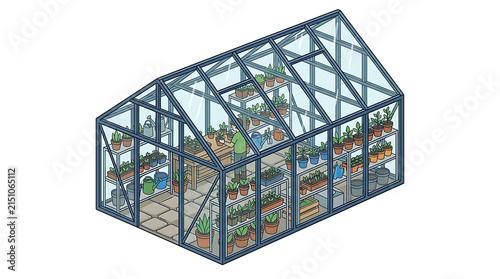 Pixel Art Greenhouse Filled With Diverse Plants and Pots Under Natural Light, Isometric View of a Botanical Structure with Lush Vegetation