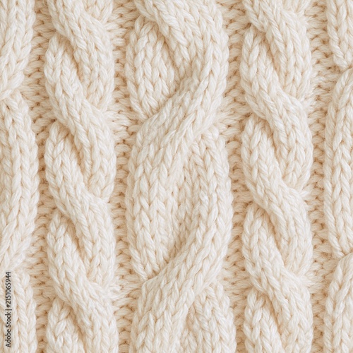 Macro shot of cream wool cable knit sweater texture showcasing intricate patterns and soft fibers, ideal for textile and fashion design applications