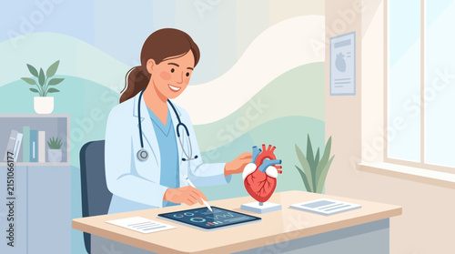 Doctor Examining Heart Model with Digital Tablet in Office