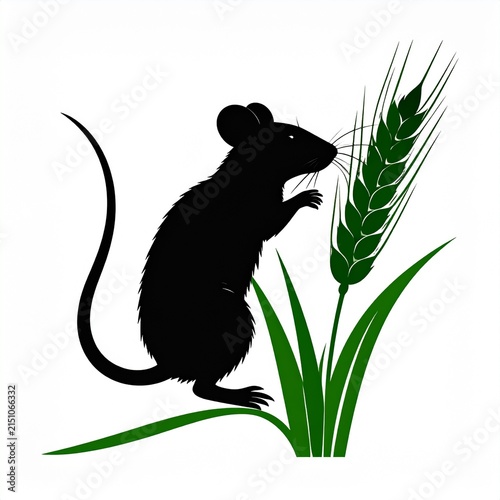 Black silhouette mouse eating green wheat stalk illustration.