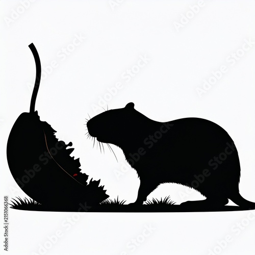 Silhouette of a capybara eating a large leaf.