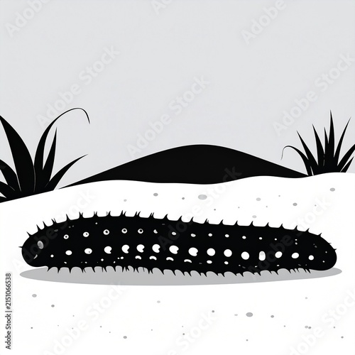 Black and white illustration of a spiky caterpillar on sand.