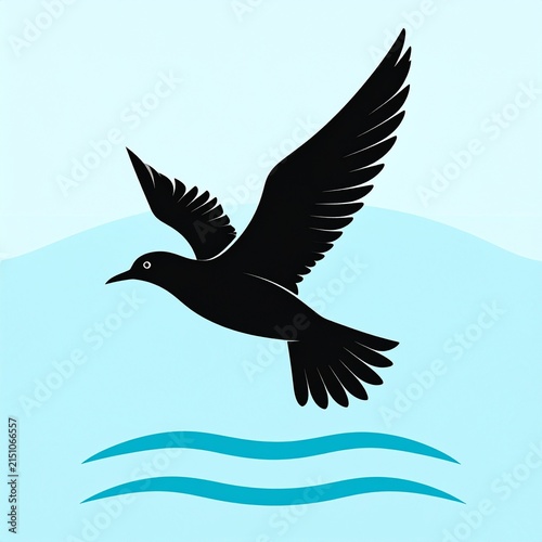 Silhouette of a bird flying over blue water waves.