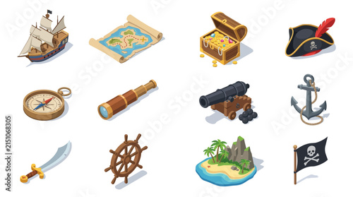 Pirate Adventure Icons: Ship, Treasure Chest, Map, Compass, Cannon, Island