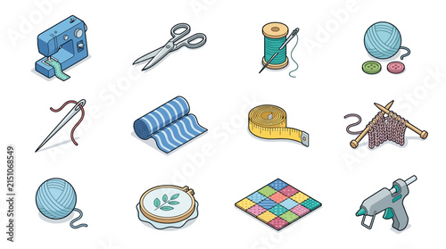 Sewing and Crafting Icons Set: Isometric 3D Illustrations