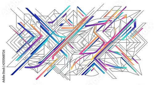 Abstract geometric composition with colorful diagonal lines and modern digital patterns