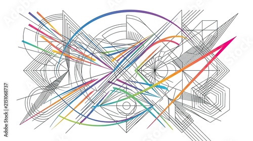 Abstract geometric vector composition with colorful intersecting lines and digital shapes