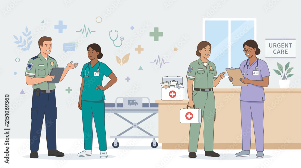 Obraz premium Diverse medical professionals in urgent care setting, illustration