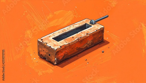Rustic wooden box with metal handle on orange background.