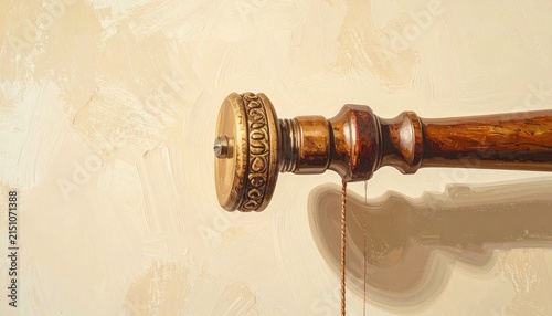 Antique Brass Curtain Rod Finial on Wooden Pole.