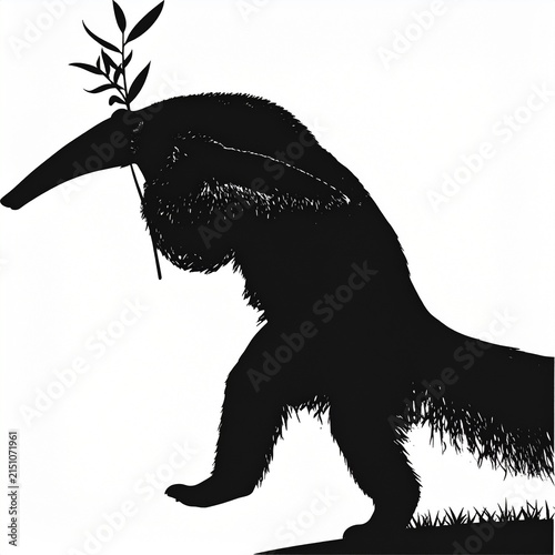 Silhouette of anteater with leafy branch on head.