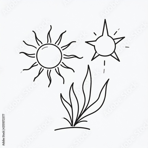 Hand Drawn Sun and Plant Illustration in Black and White.