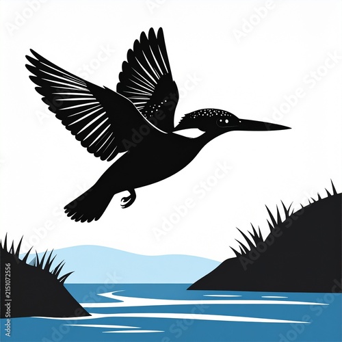 Kingfisher Bird Flying Over Water and Hills Silhouette.