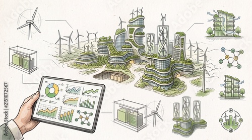 Illustration of a sustainable future city with renewable energy sources and green architecture for a better environment.