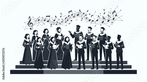 Group of choir singers performing christmas carols on stage with musical notes floating in the air for holiday music