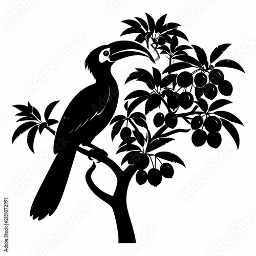 Silhouette of a toucan perched on a fruit bearing tree branch.