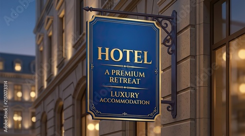 Elegant hotel sign hanging on a classic building facade at dusk for luxury travel branding.