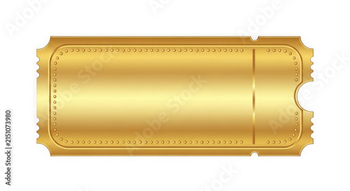 Golden award ticket for contest or event winner. Shiny metallic VIP pass with embossed border design for promotions.