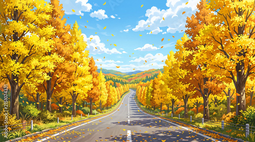 Anime landscape of a winding road through a forest with vibrant yellow autumn trees and blue sky.