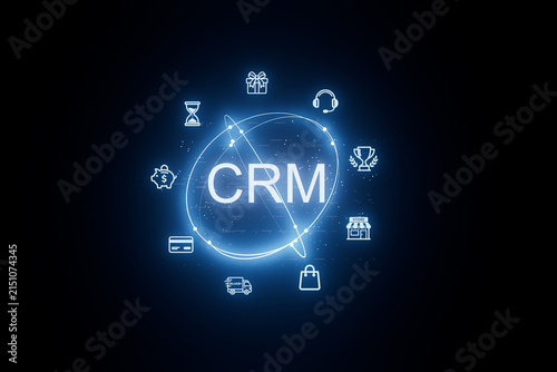 CRM system and its features represented with glowing icons on a dark background