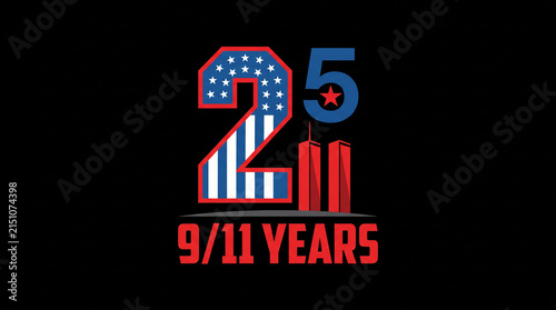 American flag themed number 25 for 9/11 anniversary remembrance with city silhouette.