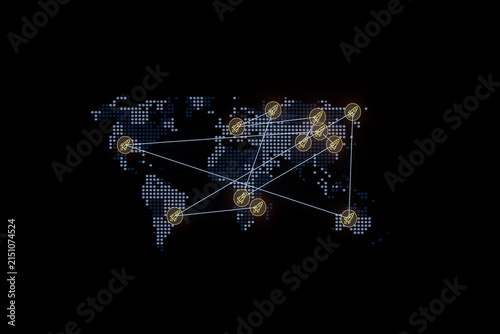Global network connections represented on a digital map with highlighted nodes and lines linking them