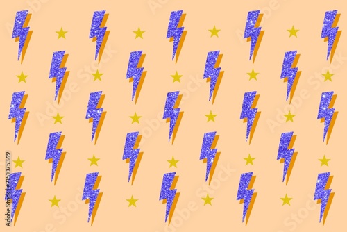 Foto Glitzy Blue Lightning Bolt & Star Seamless Pattern on Peach Background - Trendy Retro Style for kids' fashion, scrapbooking paper, web, textile printing, gift wrapping paper, creative graphic design