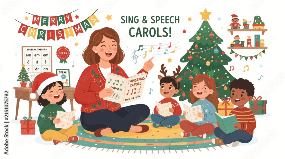 Fototapeta premium Music teacher leading diverse children in singing Christmas carols with songbooks in cozy classroom setting