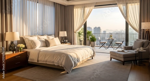 Spacious luxury bedroom interior with neutral decor modern furniture elegant curtains and a private balcony overlooking a blurred morning city skyline