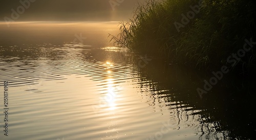 Breathtaking golden hour sunlight reflecting on calm river water creating a serene peaceful atmosphere in the misty morning landscape scenery