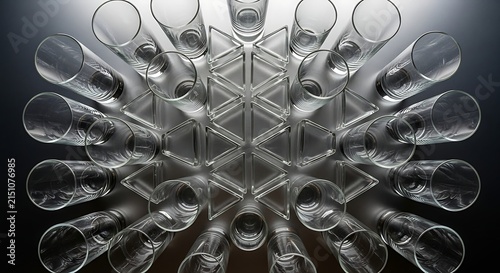 Symmetrical overhead perspective capturing an intricate radial arrangement of multiple transparent drinking glasses creating a geometric pattern design