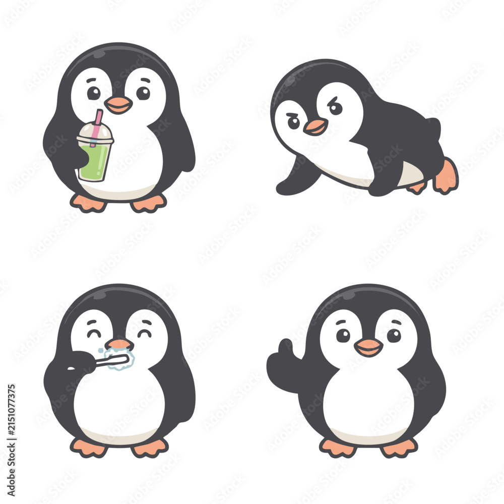 Fototapeta premium Cute Penguin Character Icon Set – Reading, Cooking, Gift Basket Kawaii Cartoon Vector Illustration