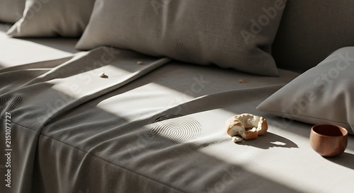 Sunlit Cozy Sofa Featuring A Relaxing Morning Setting With A Fresh Pastry And Ceramic Cup On Soft Neutral Fabric For A Calm Minimalist Lifestyle