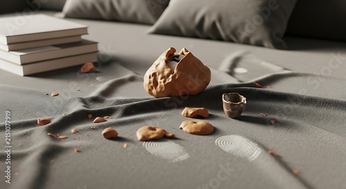 A sophisticated composition featuring a textured rock formation and scattered stone debris upon a minimalist fabric surface with subtle fingerprint imprints