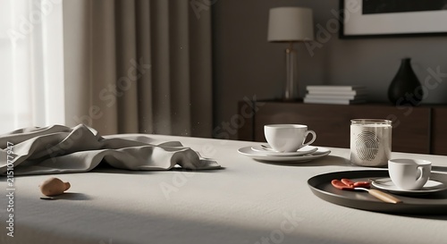 Serene morning setting featuring a minimalist coffee table with elegant white cups and soft natural lighting in a contemporary living space interior