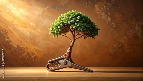 Bonsai Tree Growing From Old Book On Wooden Table.