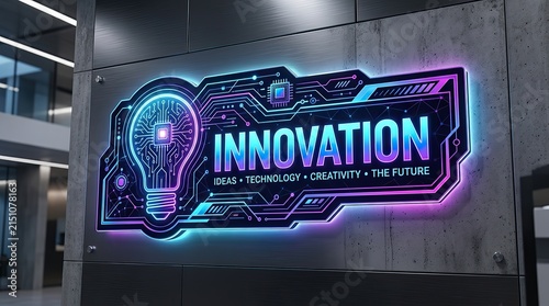 Neon Innovation sign with glowing lightbulb icon on a modern office concrete wall