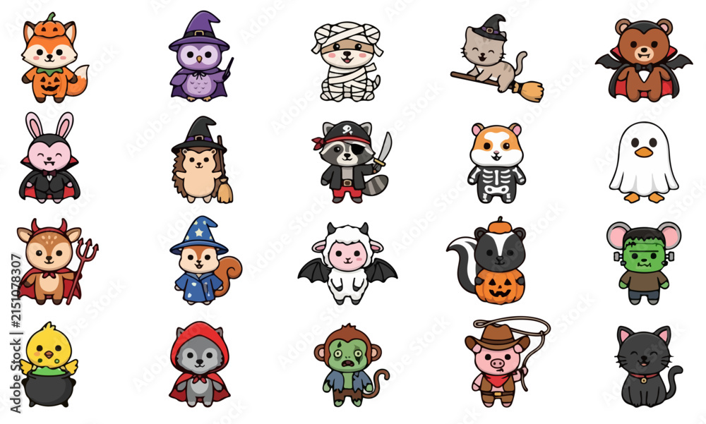 Fototapeta premium Cute Halloween Animals Vector Set: Kawaii Spooky Costume Icons Pack