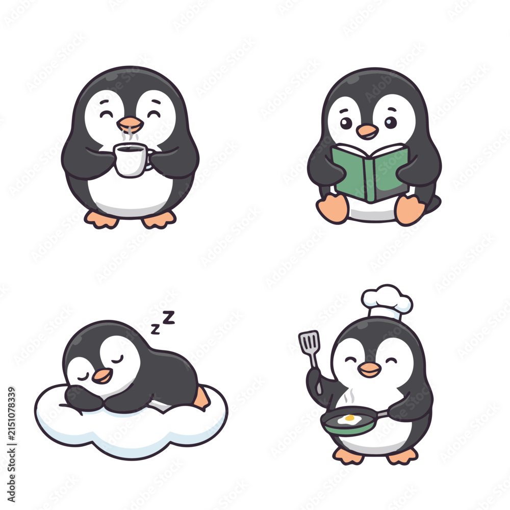 Fototapeta premium Cute Penguin Character Icon Set – Reading, Cooking, Gift Basket Kawaii Cartoon Vector Illustration