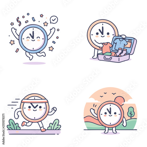 Cute Blue Clock Character Icon Set – Time Schedule, Checklist, Presentation Kawaii Cartoon Vector Illustration