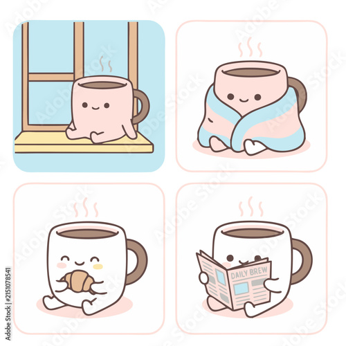 Cute White Coffee Cup Character Icon Set – Working, Reading, Relaxing Kawaii Cartoon Vector Illustration