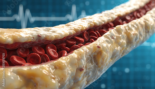 3D render of human artery with plaque buildup and red blood cells flowing in bloodstream.
