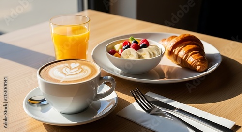 A serene morning meal featuring a steaming cup of latte art coffee alongside a healthy fresh fruit salad bowl and a buttery golden croissant for breakfast