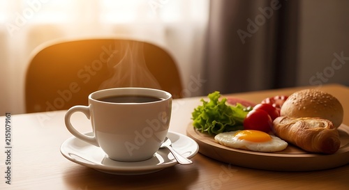 Steaming Cup of Fresh Coffee Served Alongside a Nutritious Morning Breakfast Plate Featuring Fried Egg and Crunchy Bread on a Wooden Table