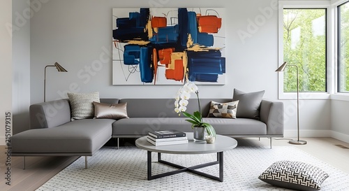 Sophisticated contemporary living room interior featuring a sleek gray sectional sofa, abstract wall art, and minimalist furniture accents