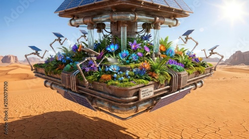 Floating garden platform with solar panels over desert dunes.