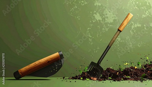 Gardening tools on green textured background with soil.