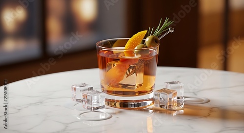 Elegant golden cocktail beverage served in a heavy rocks glass garnished with fresh rosemary and citrus peel on a polished white marble table surface
