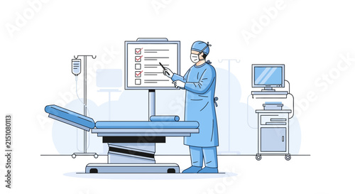 Surgeon in operating room checking checklist on screen before surgery
