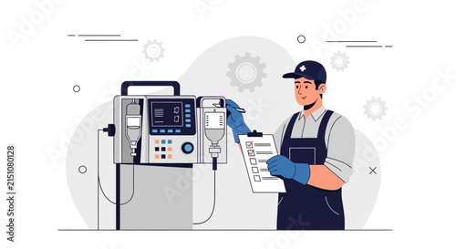 Technician Inspecting Medical Equipment with Checklist, Healthcare Technology